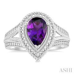 1/20 Ctw Pear Cut 9X6 MM Amethyst and Round Cut Diamond Semi-Precious Ring in Sterling Silver