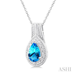 9X6 MM Pear Cut Blue Topaz and 1/20 Ctw Round Cut Diamond Waterfall Loop Semi-Precious Pendant With Chain in Sterling Silver