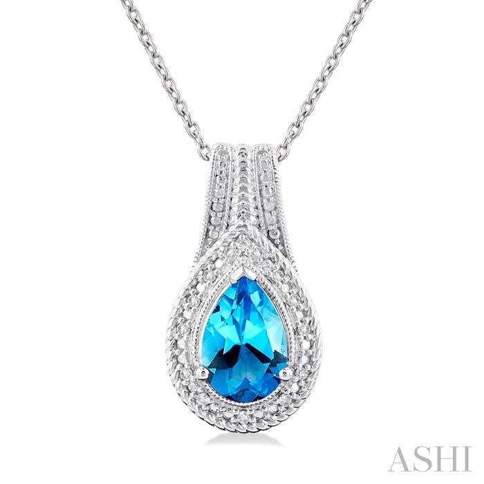 9X6 MM Pear Cut Blue Topaz and 1/20 Ctw Round Cut Diamond Waterfall Loop Semi-Precious Pendant With Chain in Sterling Silver