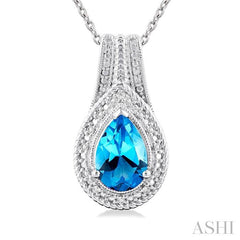 9X6 MM Pear Cut Blue Topaz and 1/20 Ctw Round Cut Diamond Waterfall Loop Semi-Precious Pendant With Chain in Sterling Silver