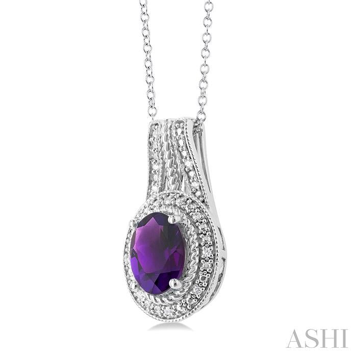 8X6 MM Oval Cut Amethyst and 1/20 Ctw Bar Loop Round Cut Diamond Semi-Precious Pendant With Chain in Sterling Silver
