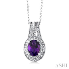 8X6 MM Oval Cut Amethyst and 1/20 Ctw Bar Loop Round Cut Diamond Semi-Precious Pendant With Chain in Sterling Silver