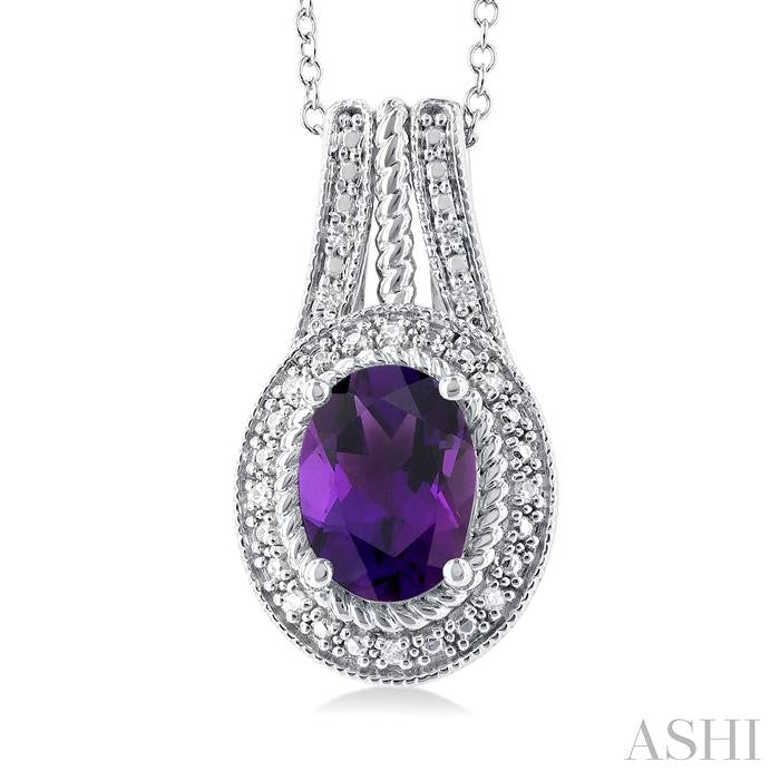 8X6 MM Oval Cut Amethyst and 1/20 Ctw Bar Loop Round Cut Diamond Semi-Precious Pendant With Chain in Sterling Silver