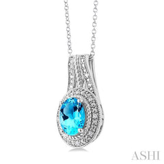 8X6 MM Oval Cut Blue Topaz and 1/20 Ctw Bar Loop Round Cut Diamond Semi-Precious Pendant With Chain in Sterling Silver