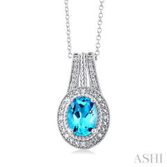 8X6 MM Oval Cut Blue Topaz and 1/20 Ctw Bar Loop Round Cut Diamond Semi-Precious Pendant With Chain in Sterling Silver