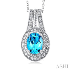 8X6 MM Oval Cut Blue Topaz and 1/20 Ctw Bar Loop Round Cut Diamond Semi-Precious Pendant With Chain in Sterling Silver