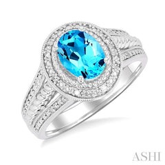 1/20 Ctw Oval Cut 8X6 MM Blue Topaz and Round Cut Diamond Semi-Precious Ring in Sterling Silver