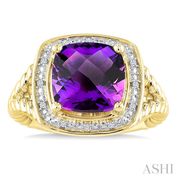 10 MM Cushion Shape Amethyst and 1/20 Ctw Round Cut Diamond Semi-Precious Ring in Yellow Gold Vermeil