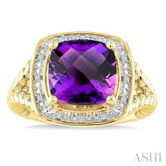 10 MM Cushion Shape Amethyst and 1/20 Ctw Round Cut Diamond Semi-Precious Ring in Yellow Gold Vermeil