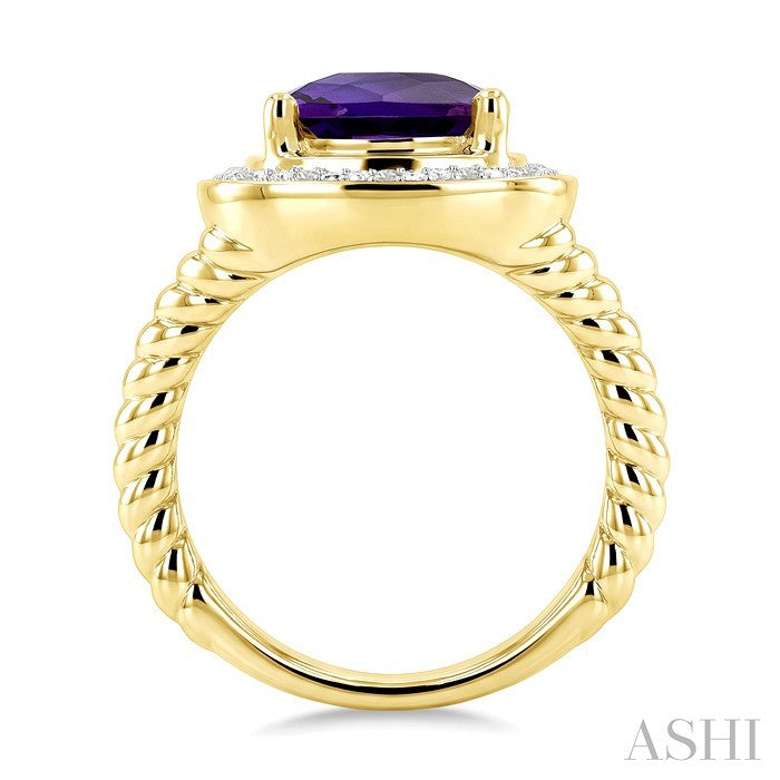 10 MM Cushion Shape Amethyst and 1/20 Ctw Round Cut Diamond Semi-Precious Ring in Yellow Gold Vermeil