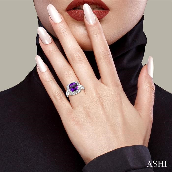 10 MM Cushion Shape Amethyst and 1/20 Ctw Round Cut Diamond Semi-precious Ring in Sterling Silver