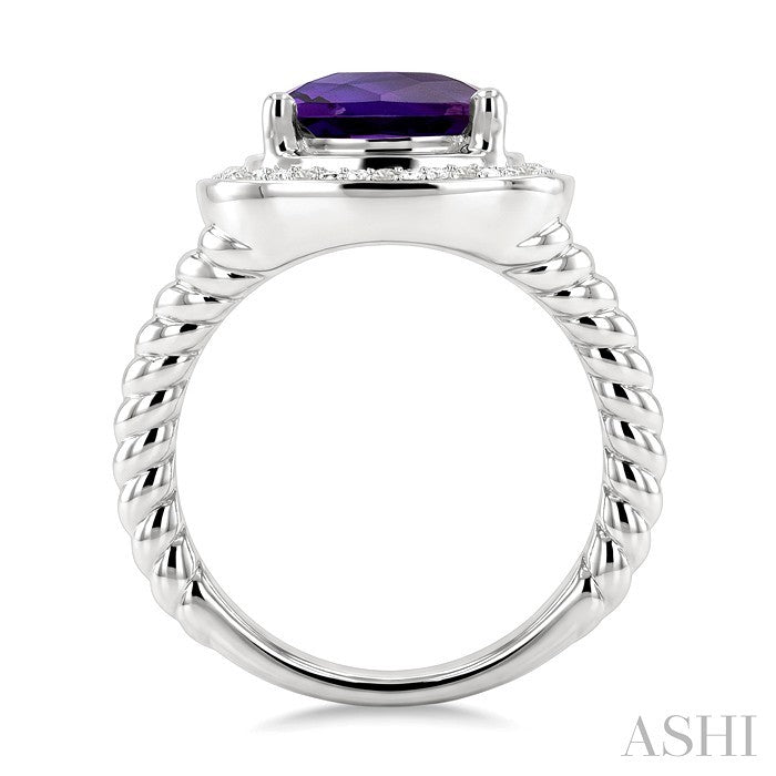 10 MM Cushion Shape Amethyst and 1/20 Ctw Round Cut Diamond Semi-precious Ring in Sterling Silver