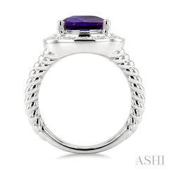 10 MM Cushion Shape Amethyst and 1/20 Ctw Round Cut Diamond Semi-precious Ring in Sterling Silver