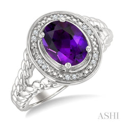 9x7 MM Oval Shape Amethyst and 1/20 Ctw Round Cut Diamond Semi-precious Ring in Sterling Silver