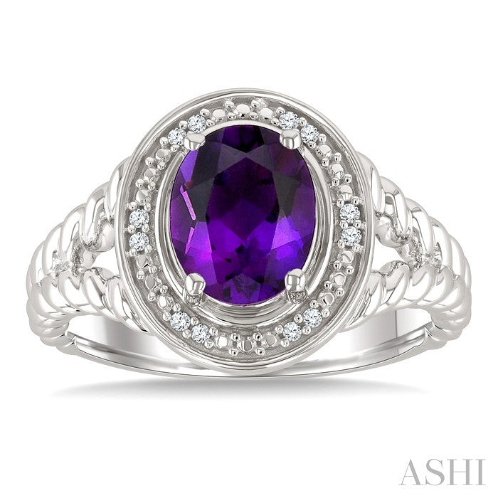 9x7 MM Oval Shape Amethyst and 1/20 Ctw Round Cut Diamond Semi-precious Ring in Sterling Silver