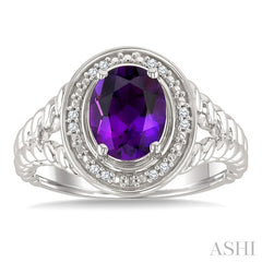 9x7 MM Oval Shape Amethyst and 1/20 Ctw Round Cut Diamond Semi-precious Ring in Sterling Silver