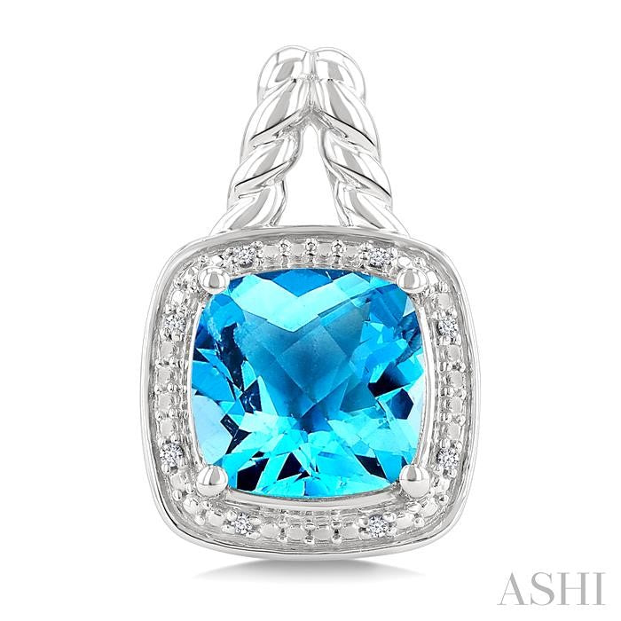 8 MM Cushion Shape Blue Topaz and 1/20 Ctw Round Cut Diamond Semi-Precious Earrings in Sterling Silver