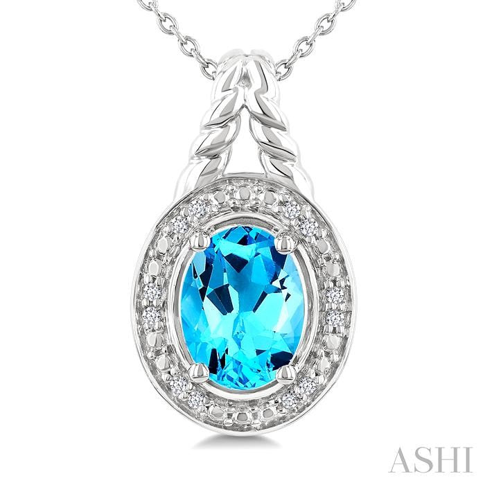 9X7 MM Oval Shape Blue Topaz and 1/20 Ctw Round Cut Diamond Semi-precious Pendant With Chain in Sterling Silver