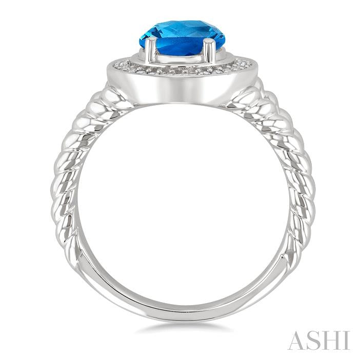 9x7 MM Oval Shape Blue Topaz and 1/20 Ctw Round Cut Diamond Semi-precious Ring in Sterling Silver