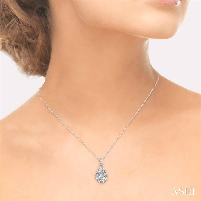 1/8 Ctw Lattice Pear Shape Round Cut Diamond Pendant With Chain in 10K White Gold