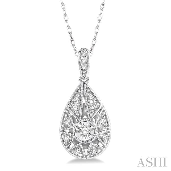 1/8 Ctw Lattice Pear Shape Round Cut Diamond Pendant With Chain in 10K White Gold