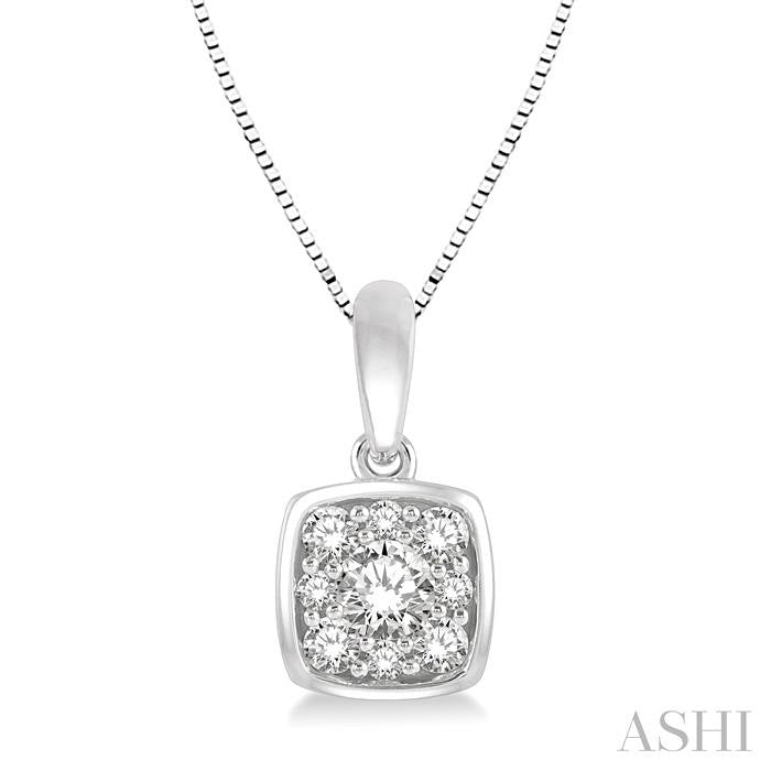 1/3 Ctw Cushion Shape Round Cut Diamond Cluster Pendant With Chain in 14K White Gold