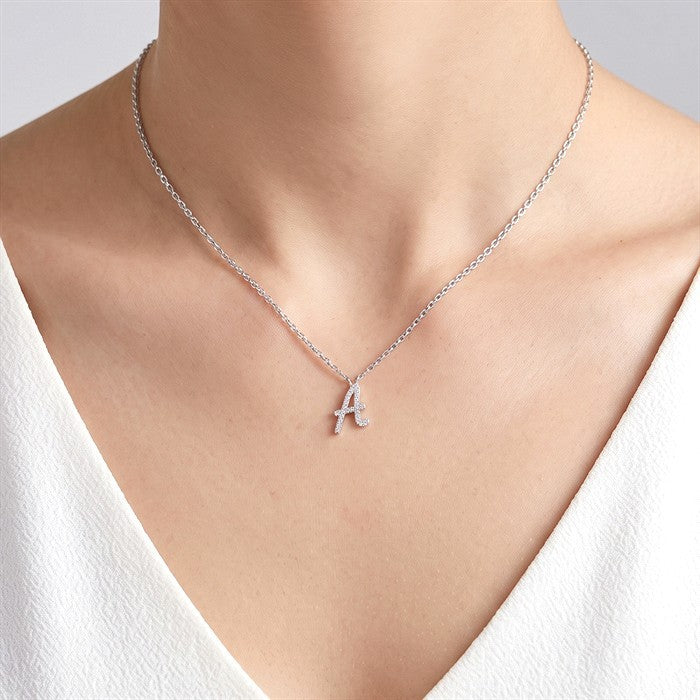 1/20 Ctw Initial 'A' Round cut Diamond Pendant With Chain in 10K White Gold