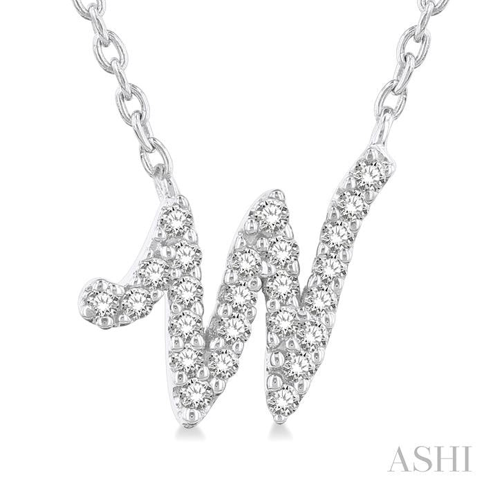 1/10 Ctw Initial 'W' Round cut Diamond Pendant With Chain in 10K White Gold