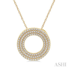 1/3 Ctw Circle Triple Row Round Cut Diamond Fashion Pendant With Chain in 10K Yellow Gold