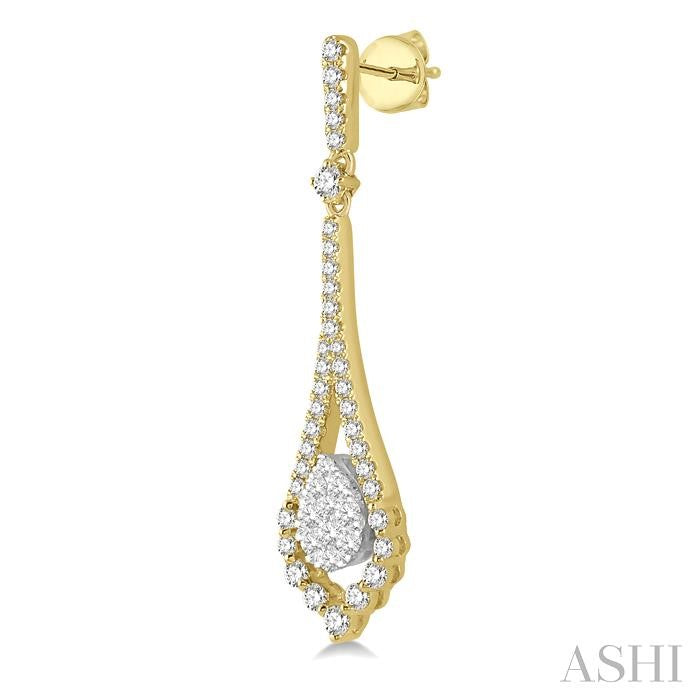1 1/10 Ctw Pear Shape Lovebright Round Cut Diamond Earrings in 14K Yellow and White Gold