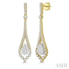 1 1/10 Ctw Pear Shape Lovebright Round Cut Diamond Earrings in 14K Yellow and White Gold