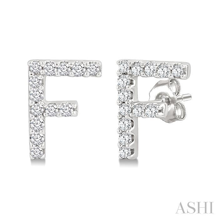 1/10 Ctw Initial 'F' Round Cut Diamond Earrings in 10K White Gold