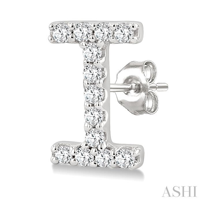 1/10 Ctw Initial 'I' Round Cut Diamond Earrings in 10K White Gold