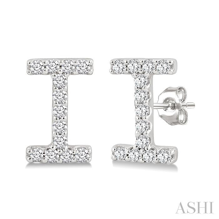 1/10 Ctw Initial 'I' Round Cut Diamond Earrings in 10K White Gold