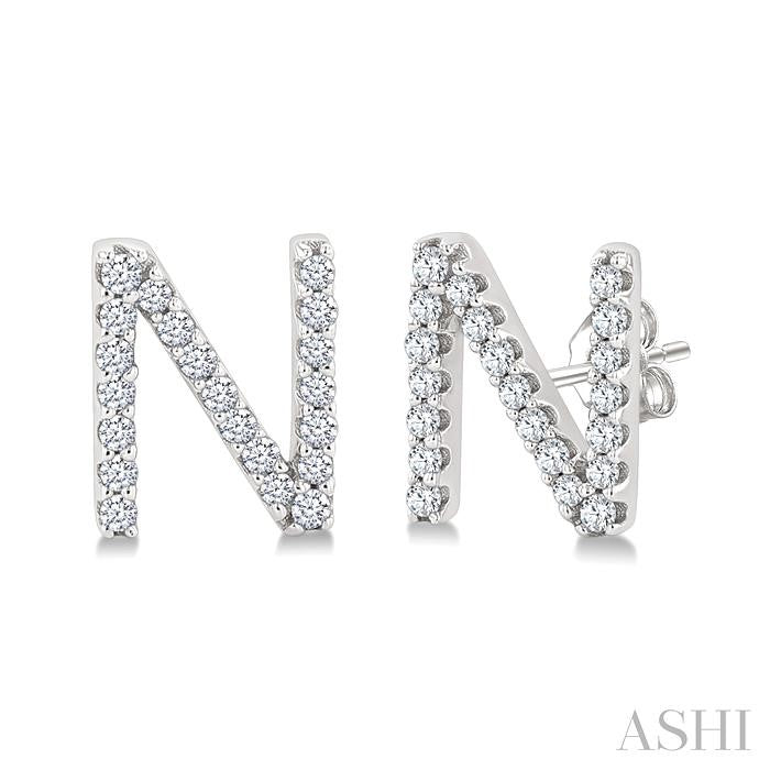 1/8 Ctw Initial 'N' Round Cut Diamond Earrings in 10K White Gold