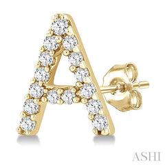 1/10 Ctw Initial 'A' Round Cut Diamond Earrings in 10K Yellow Gold