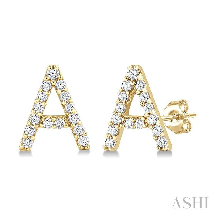 1/10 Ctw Initial 'A' Round Cut Diamond Earrings in 10K Yellow Gold