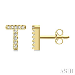 1/10 Ctw Initial 'T' Round Cut Diamond Earrings in 10K Yellow Gold