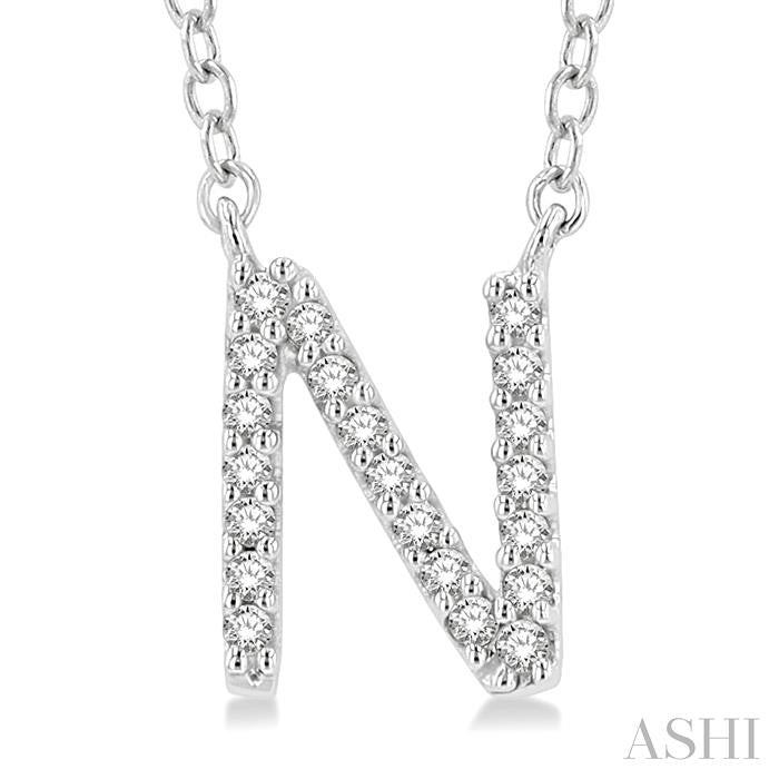 1/20 Ctw Initial 'N' Round Cut Diamond Pendant With Chain in 10K White Gold