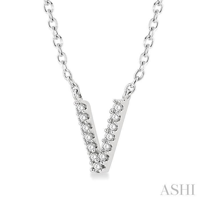 1/20 Ctw Initial 'V' Round Cut Diamond Pendant With Chain in 10K White Gold