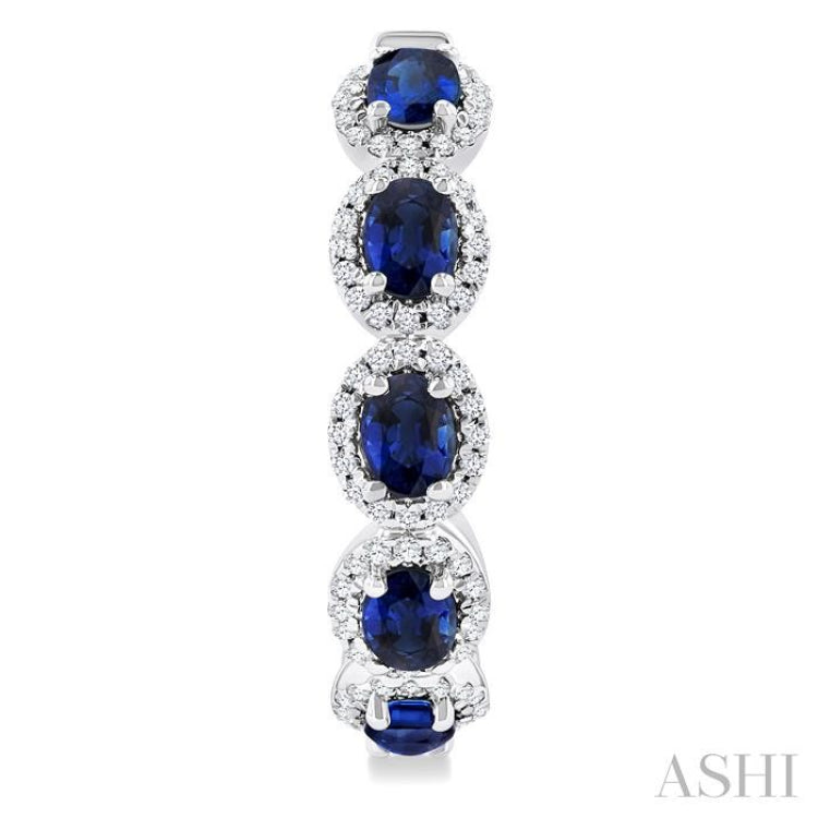 4X3 MM Oval Cut Sapphire and 1/2 Ctw Round Cut Diamond Halo Precious Hoop Earring in 14K White Gold