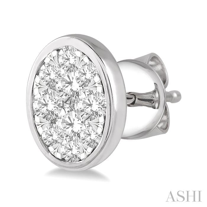 1 Ctw Oval Shape Lovebright Round Cut Diamond Bezel Stud Earring in 14K White Gold