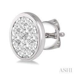1 Ctw Oval Shape Lovebright Round Cut Diamond Bezel Stud Earring in 14K White Gold