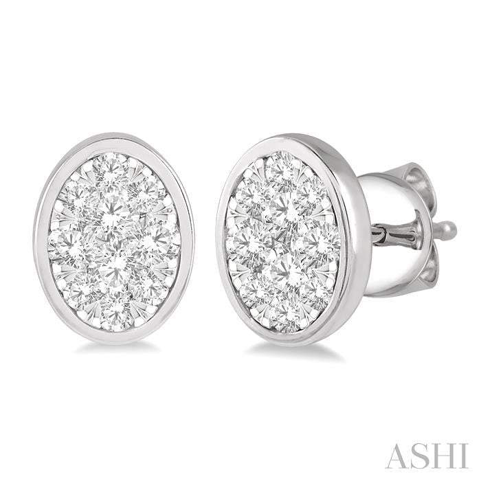 1 Ctw Oval Shape Lovebright Round Cut Diamond Bezel Stud Earring in 14K White Gold