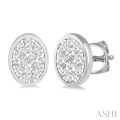 1 Ctw Oval Shape Lovebright Round Cut Diamond Bezel Stud Earring in 14K White Gold
