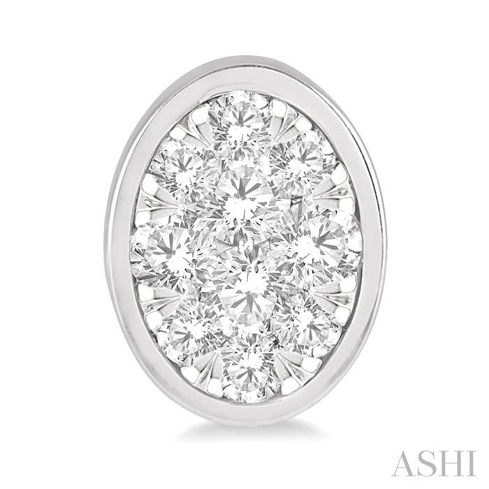 1 Ctw Oval Shape Lovebright Round Cut Diamond Bezel Stud Earring in 14K White Gold