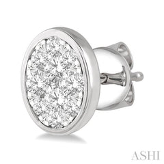 1/2 Ctw Oval Shape Lovebright Round Cut Diamond Bezel Stud Earring in 14K White Gold