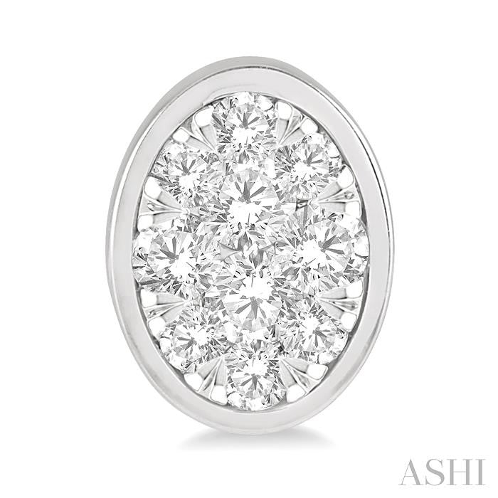 1/2 Ctw Oval Shape Lovebright Round Cut Diamond Bezel Stud Earring in 14K White Gold