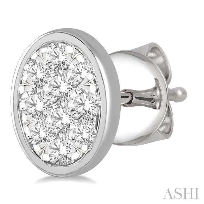 1/3 Ctw Oval Shape Lovebright Round Cut Diamond Bezel Stud Earring in 14K White Gold