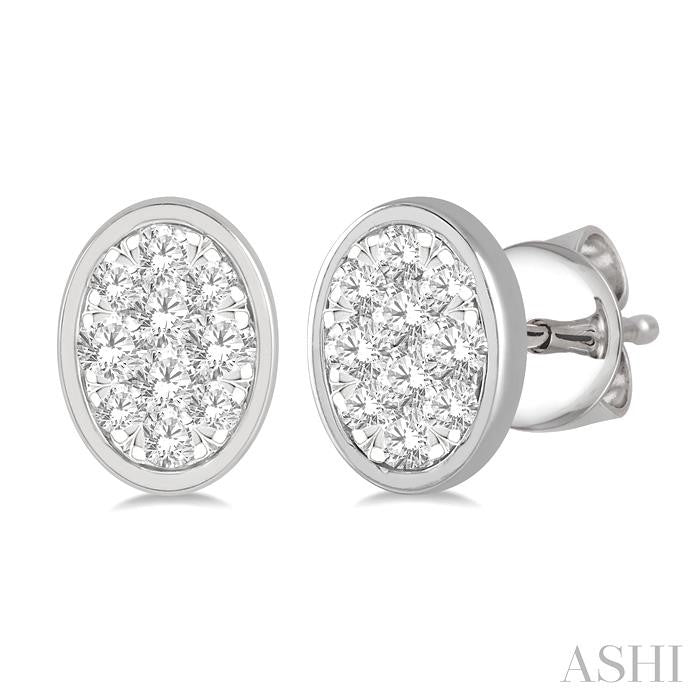 1/3 Ctw Oval Shape Lovebright Round Cut Diamond Bezel Stud Earring in 14K White Gold